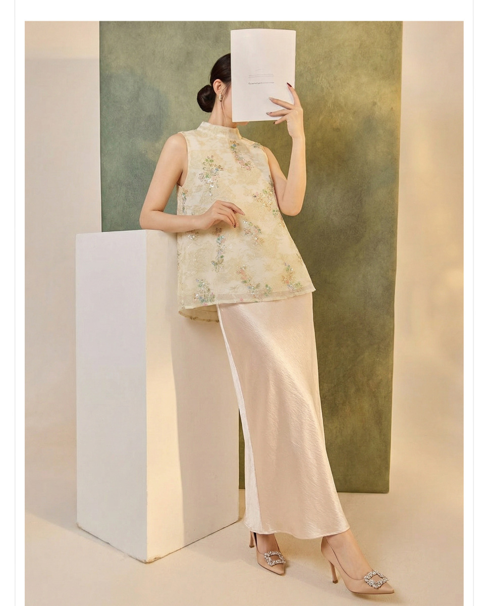 Bộ áo gile thêu hạt không tay kèm chân váy đuôi cá dài — Chân váy màu champagne (giao hàng trong 7 ngày), Áo gile thêu hạt (giao hàng trong 7 ngày), Áo gile thêu hạt (giao hàng trong ngày), Bộ sản phẩm (giao hàng trong 7 ngày)