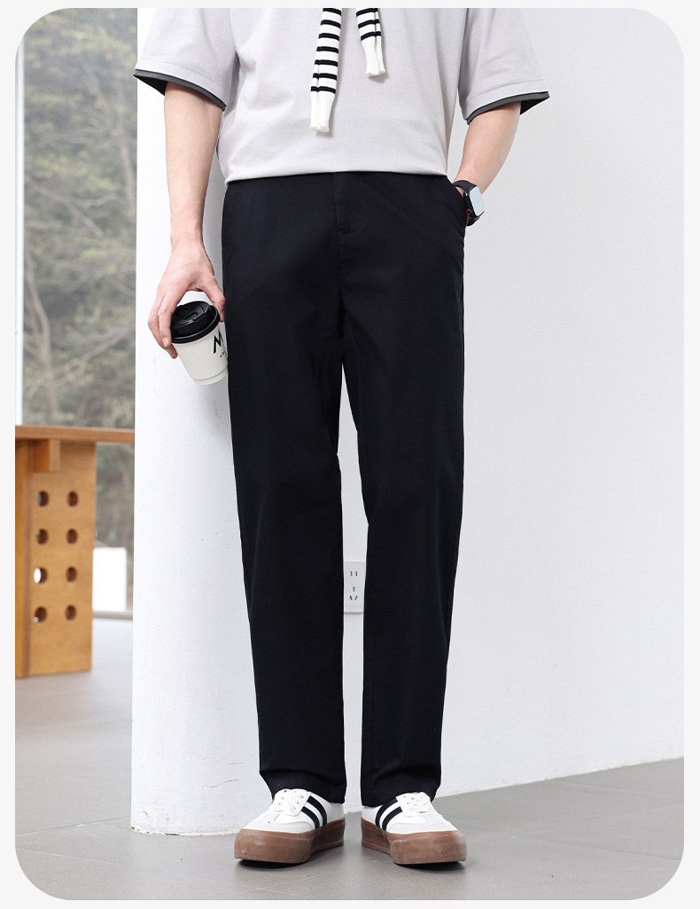 Quần dài nam ống đứng co giãn, lưng vừa, vải cotton Lyocell thoáng mát — màu đen, Màu trắng, màu xám, Màu kaki