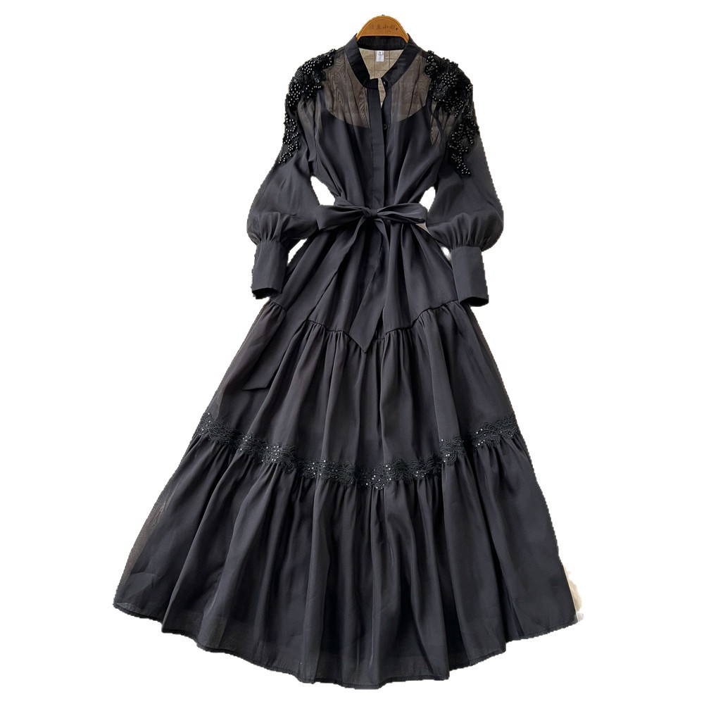 French Style Lantern Sleeve Embroidered Dress Beaded Waist Tie A Line Silhouette Elegant for Spring Wholesale