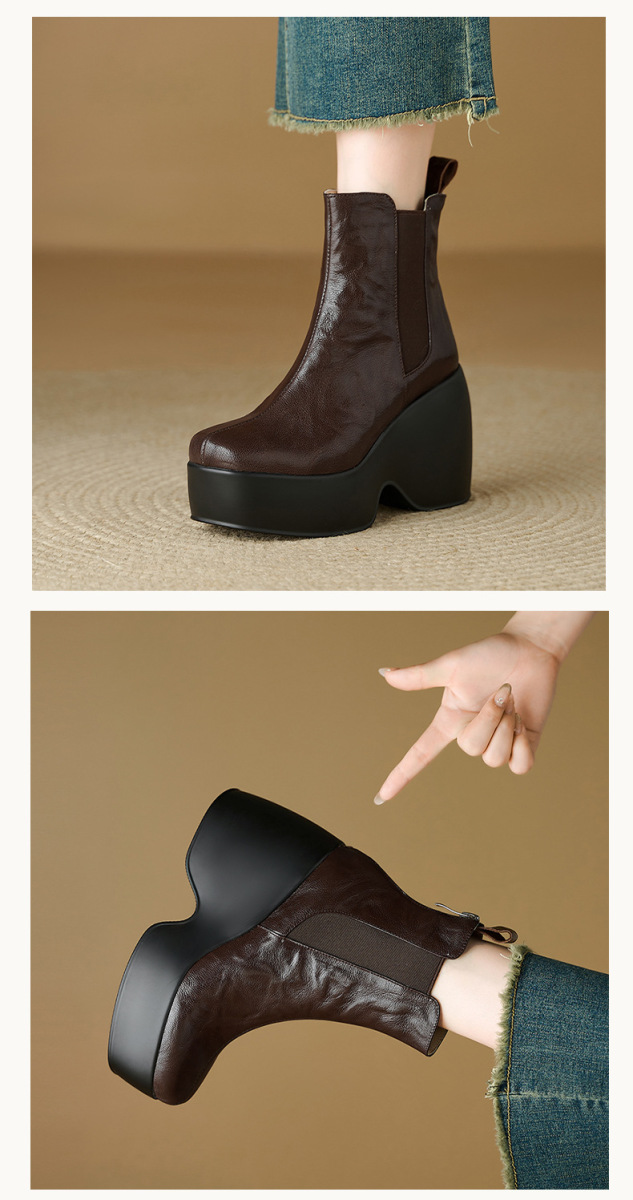 Boot nữ cổ ngắn đế dày gót xuồng mũi tròn da cừu phong cách cổ điển — màu đen, Màu nâu