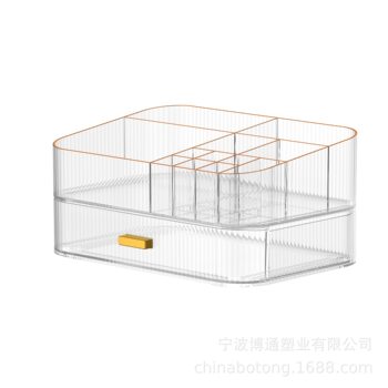Factory Direct Sale Desktop Vertical Stripe Cosmetic Storage Box Organizer with Gold-Edged Drawer and Electroplated Gold Handle