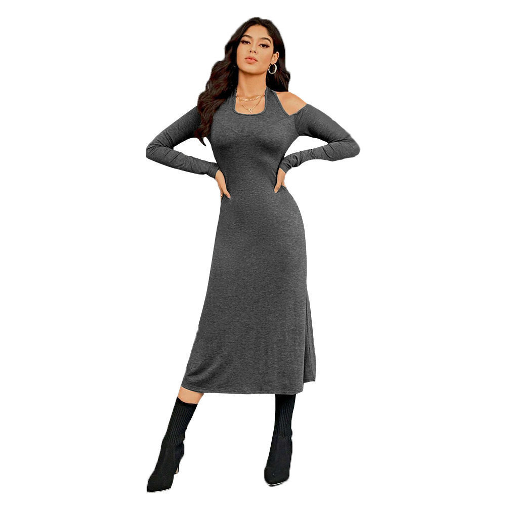 Fashionable Womens High Waist Solid Color Midi Dress Simple Design Halter Neck Slim Fit Autumn Winter Wear