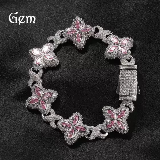 Hip-Hop Rap Chain Infinite Four-Leaf Clover Bracelet Fashionable Trendy Cool Handsome High-End 5A Zircon Colorful Necklace Jewelry