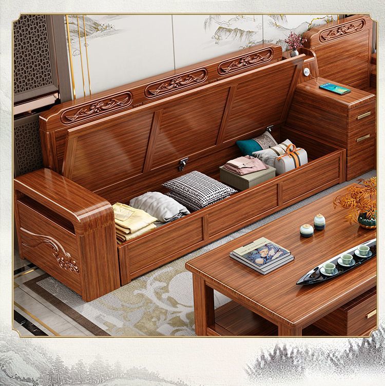 新中式胡桃木储物沙发组合现代简约冬夏两用全实木小户型客厅家具