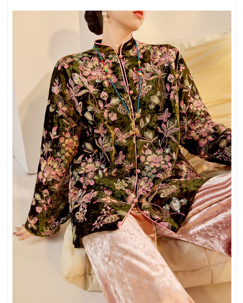 Áo khoác dạ gile nữ dáng dài thêu hoa đính cườm — Hồng xanh [phiên bản cotton], Hồng xanh [phiên bản thường]