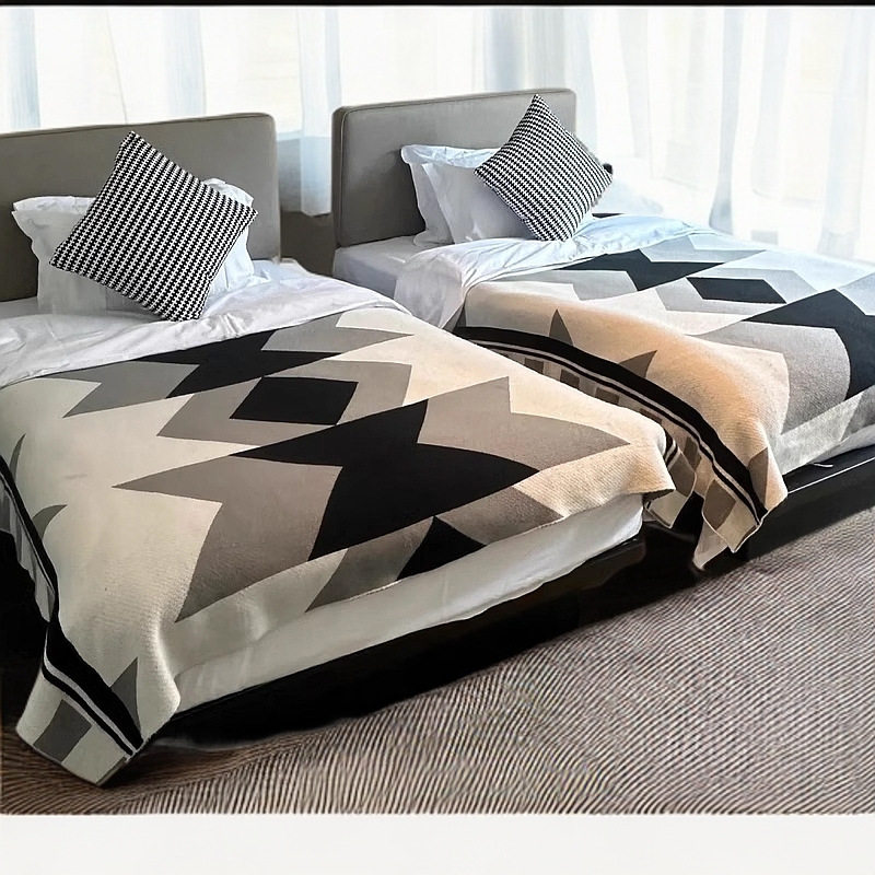 A4 Geometric Pattern Knitted Blanket, Light Luxury Style Knitted Yarn Blanket, Leisure Blanket for Guesthouses, Bed Blanket, Sofa Blanket