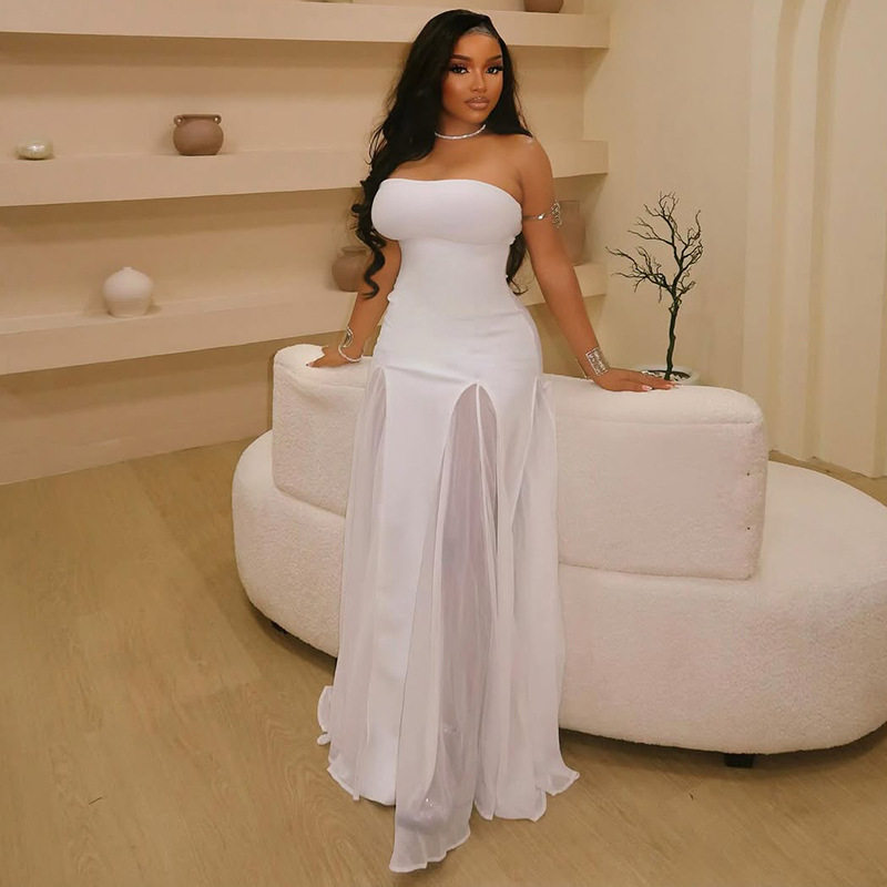 A Line Strapless Dress Sheer Design Waist Defining Slim Fit Casual or Party Wear Wholesale Available
