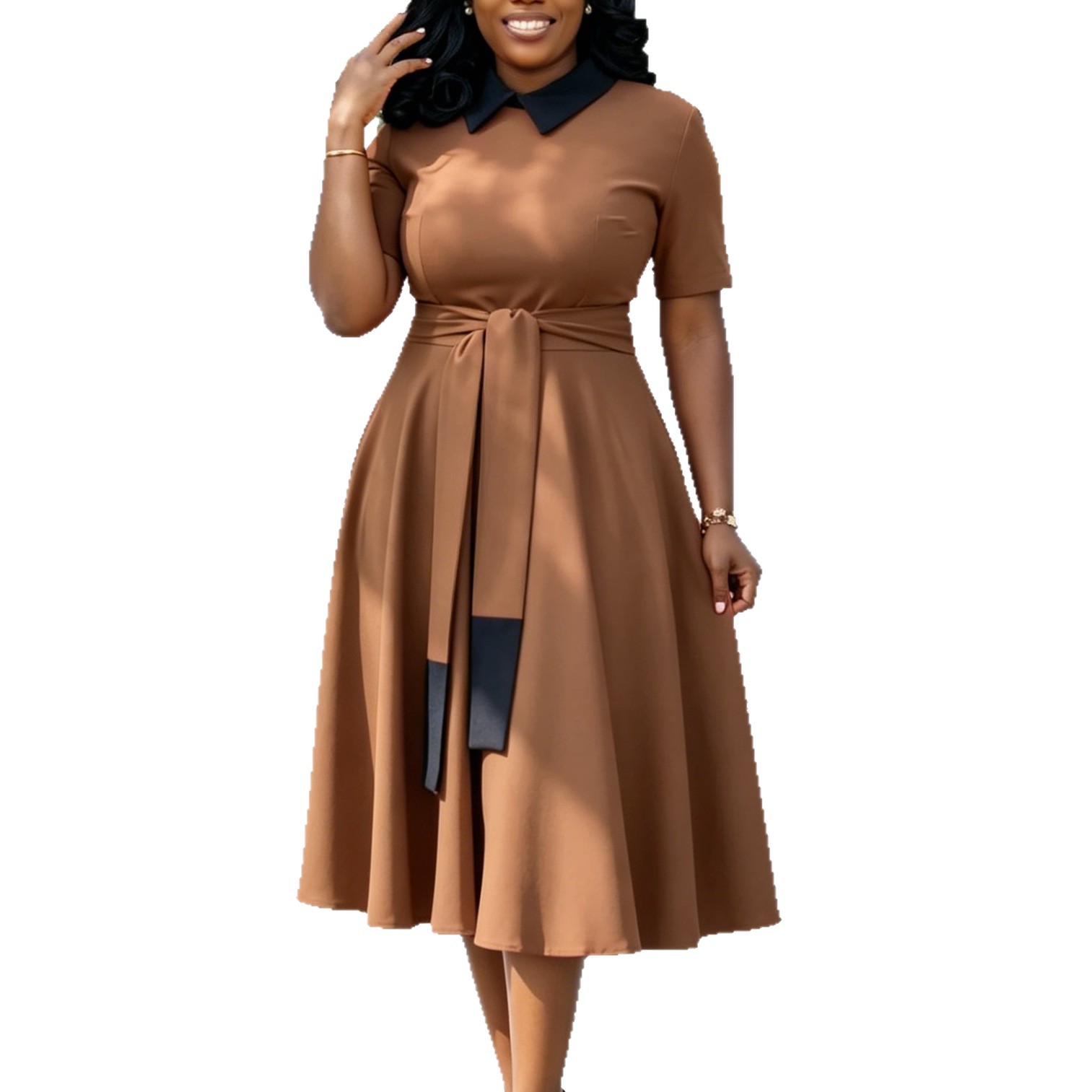 Plus Size Color Block Dress Elegant Doll Collar Fashionable Style Summer Occasion Wholesale Available
