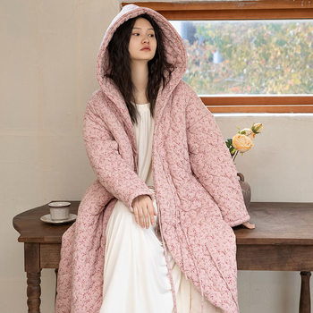 LM cotton hooded Maternity Nursing quilted nightdress autumn and winter postpartum warm maternity lace-up cotton-padded clothes floral confinement gown