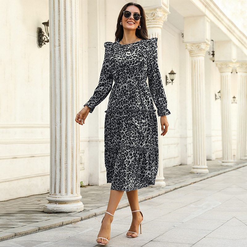 Vintage Leopard Print Ruffle Sleeve Dress Autumn Winter Collection Elegant Casual Wear Wholesale Available