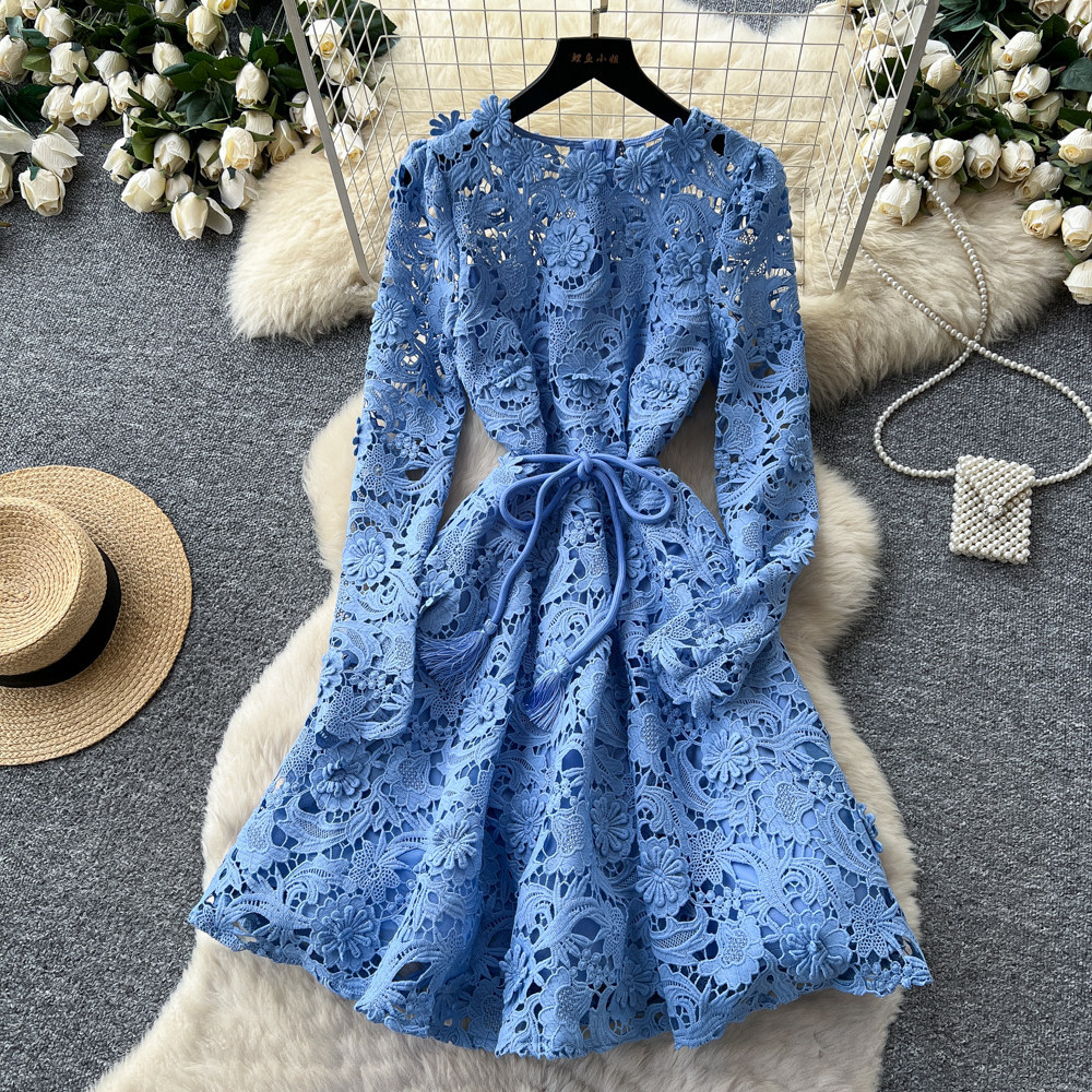 French Style Hollow Out Lace Dress Slim Fit Long Sleeve Waist Defining A Line Summer Elegance for Special Occasions