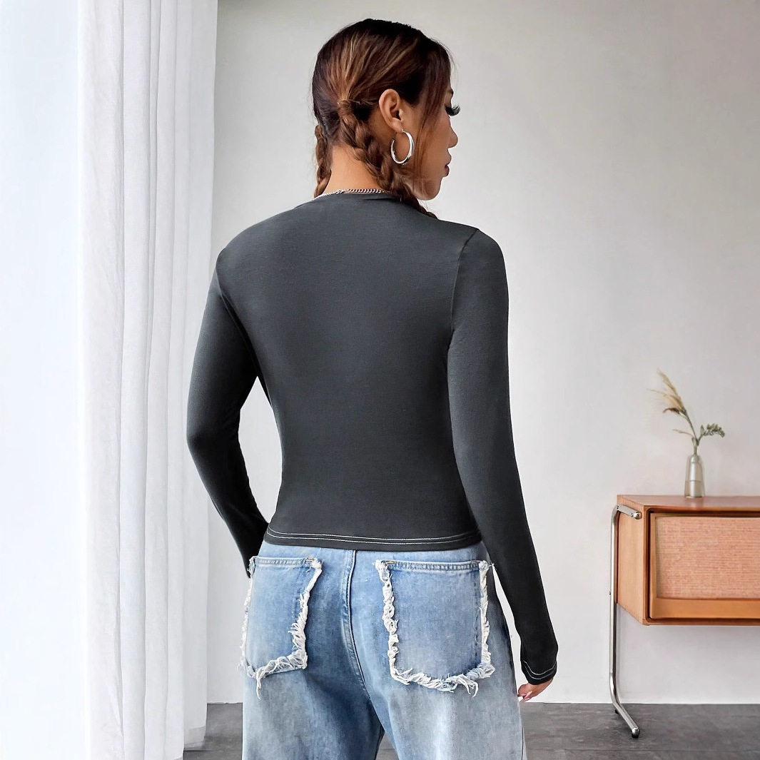 Fashionable Womens Long Sleeve T Shirt Round Neck Printed Design Casual Style Ready to Ship Low MOQ