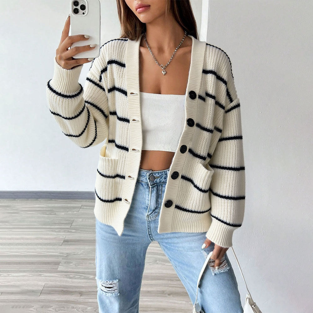 Womens Loose Fit Striped Knit Cardigan V Neck Long Sleeve Soft Fabric Spring Summer Fashion Wholesale Available