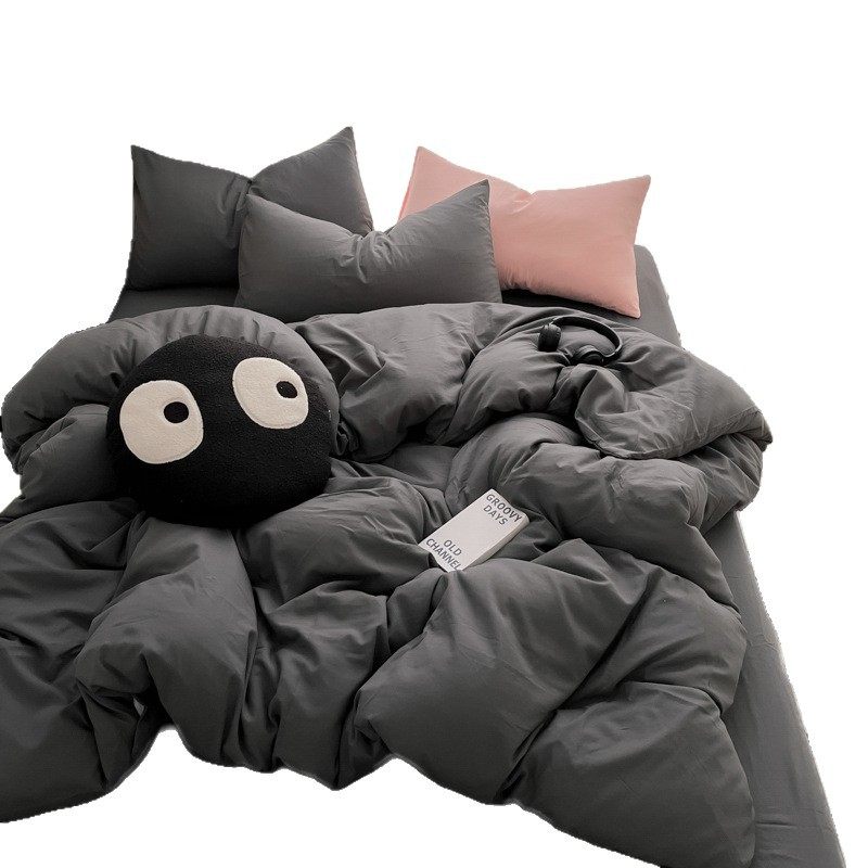 Category a Mother and Baby Bed Four-Piece Ins Style Pure Color Washed Cotton Quilt Cover Bed Sheetss and Fitted Bed Sheetss Student Dormitory Three-Piece Set