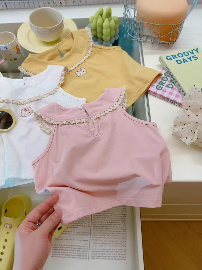 Atasan tanpa lengan super lucu viral serbaguna stylish manis anak perempuan musim panas, tank top bordir 100% katun