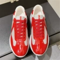 Red patent leather gray mesh