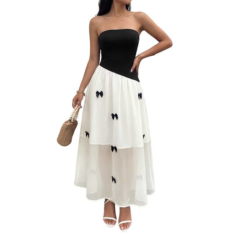 French Style Black and White Color Block Strapless Dress with Bow Detail Sweet and Chic Design for Parties Wholesale