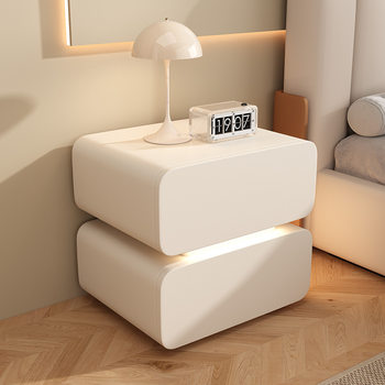 Smart Bedside Table, Cream Style, Simple and Modern, Solid Wood Bedside Storage Cabinet, Bedroom Light Luxury Bedside Cabinet