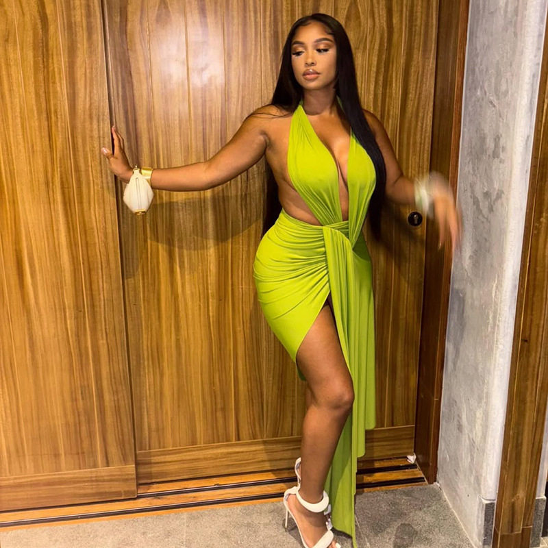 欧美风ins跨境女装修身纯色绑带包臀裙性感挂脖V字领裹胸连衣裙潮