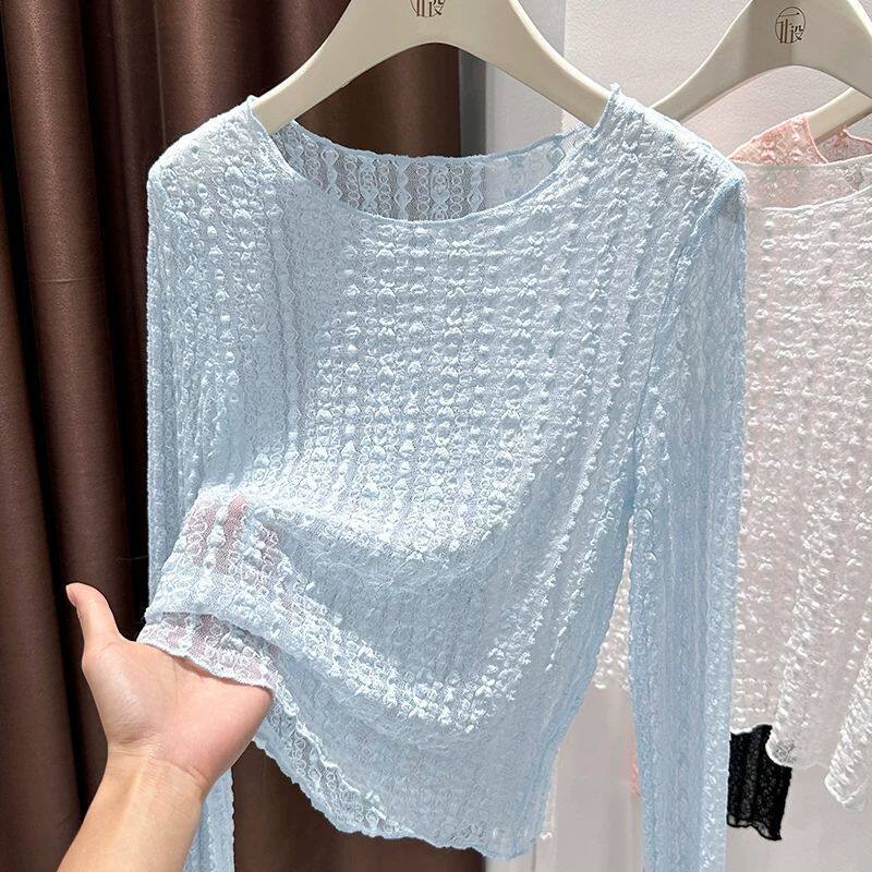 French Lace Long Sleeve T Shirt for Women Lightweight Sheer Slim Fit Round Neck Summer Layering Top Wholesale