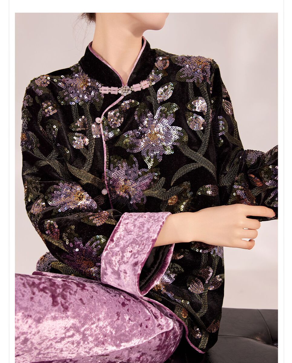 Bộ đôi áo khoác sequin thêu hoa và chân váy dài nữ dáng thanh lịch — Váy tím Mushan (Giao hàng trong 7 ngày), Váy tím Mushan (giao hàng trong ngày), Áo khoác sequin (giao hàng trong 7 ngày), Áo khoác sequin (giao hàng trong ngày)