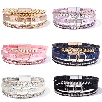 Amazon Hot Sale Handmade Leather Bracelet Bracelet Wholesale Double Loop Magnetic Buckle Diamond Women Leather Bracelet