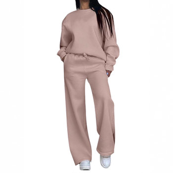 European and American Cross-Border 2025 Autumn and Winter New Solid Color Round Neck Loose Women's Fashion Wide-Leg Pants Suit