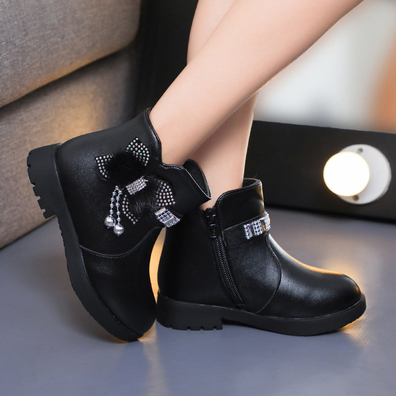 Children's Cotton Boots Princess Fashion Bow Baby Warm Leather Boots 2025 Winter Girls Rhinestone Mid-Calf Short Boots