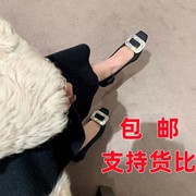 2025 Spring and Autumn New Style V Shallow Square Toe Chunky Heel High Heels Satin Flat Mid-Heel Square Buckle Rhinestone Single