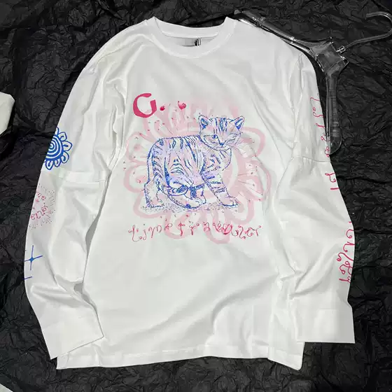 In Stock! 24 Early Autumn New Letter Cat Print Round Neck Loose Long-Sleeved T-Shirt Design Top