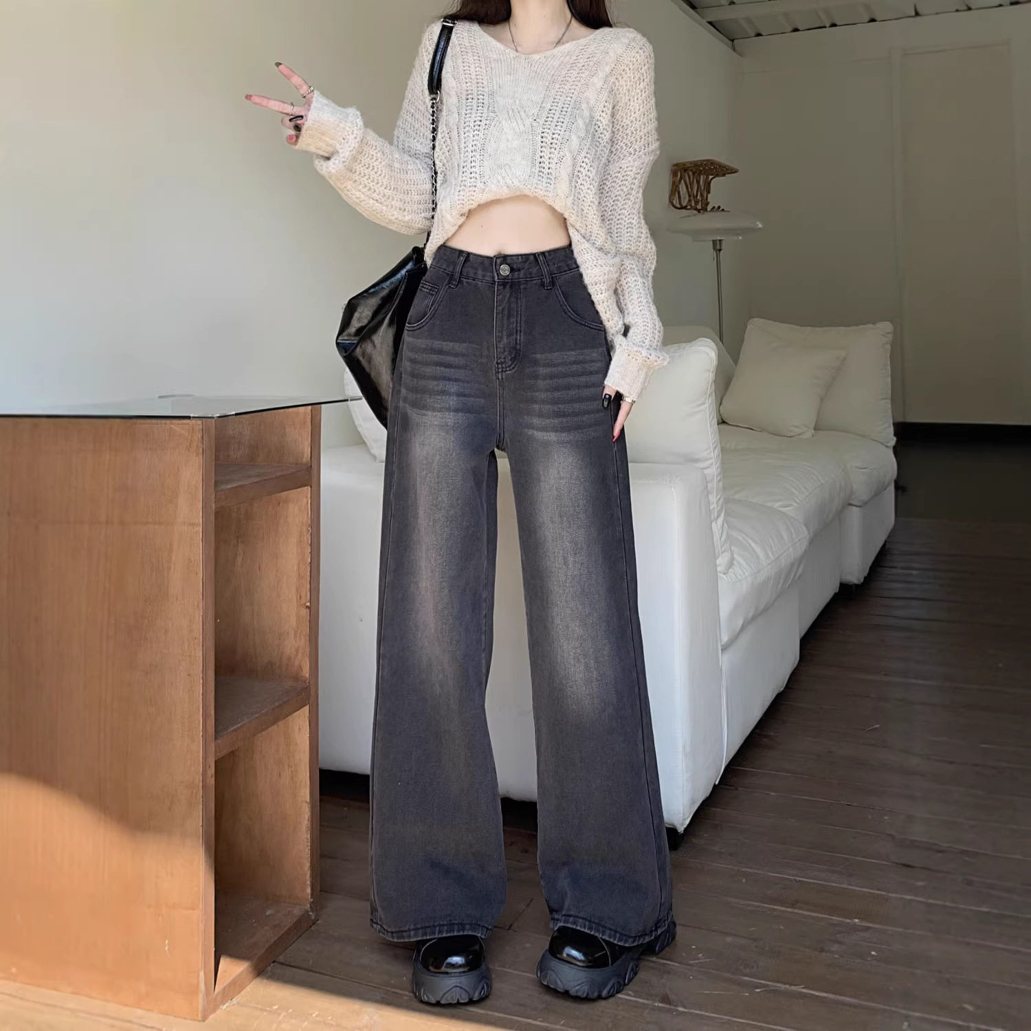 Retro wide-leg jeans for women in spring and autumn black and gray high-waisted loose straight slim floor-length mopping pants