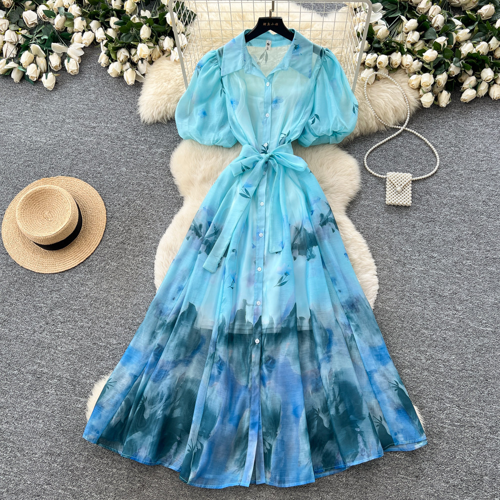 Tie Dye Gradient Print Shirt Dress Summer Style Lantern Sleeves Belted Waist A Line Silhouette Wholesale Available