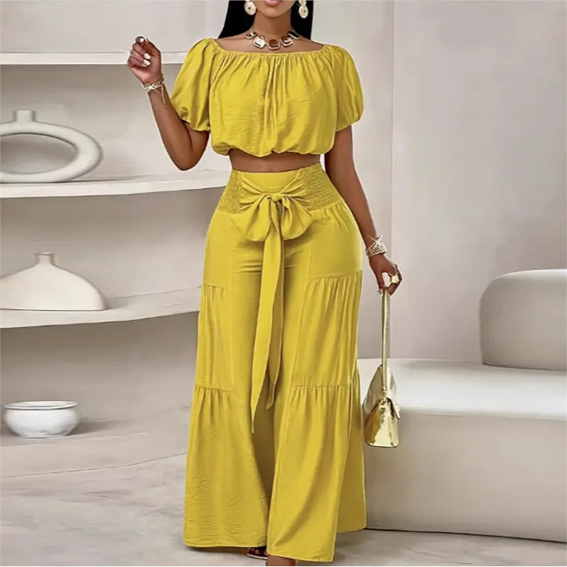 Womens Summer Outfit Set Fashionable Casual Style Solid Color Puff Sleeve Top Wide Leg Pants Wholesale Available
