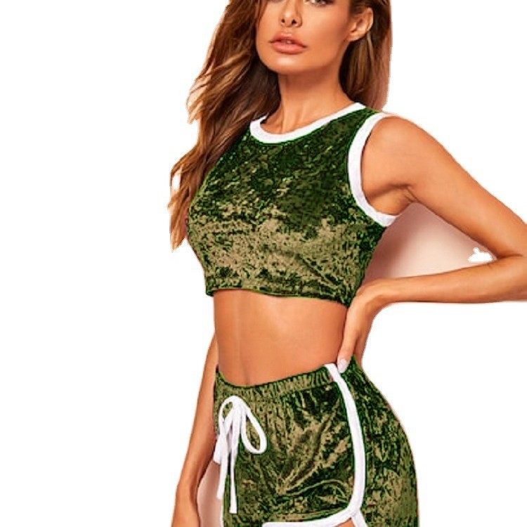 2021 Summer New Amazon Sexy Contrast Crewneck Short-sleeved Slim-fit Top Shorts Two-piece Women's Pajamas