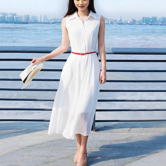 Chiffon Sleeveless Dress Shirt Collar Solid Color Slim Fit Elegant Style Perfect for Summer Vacations Wholesale