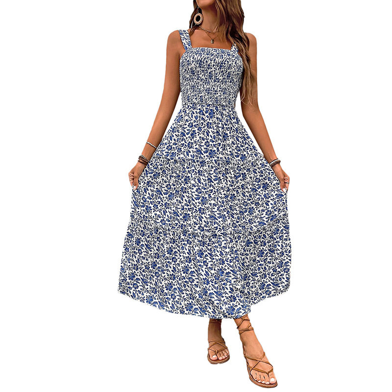 Summer Floral Maxi Dress Sleeveless Elastic Waist Casual Style Perfect for Beach or Outdoor Events Wholesale