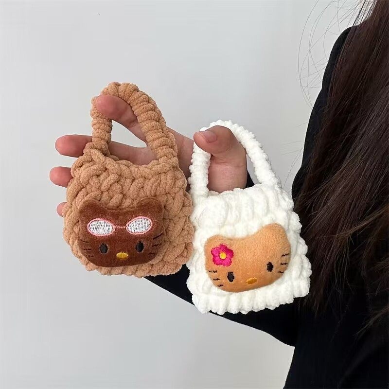 Cute Hawaiian Black Leather Kt Cat Anti-Fall Headphone Bag Bluetooth Headphone Protective Cover Plush Mini Coin Cosmetics Bag