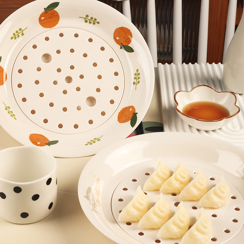 Household Drain Double Layer Dumpling Plate Creative Persimmon Ruyi Food Grade Melamine Dinner Plate Dumpling Round Plate