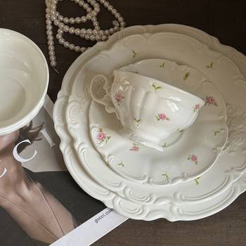 French Style Vintage Lace Pink Rose Embossed Ceramic Plate Middle Ancient Afternoon Tea Dessert Plate Western Food Household Plate
