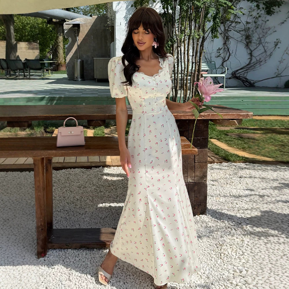 Floral Print Maxi Dress Sweet Lace Trim Puff Sleeves Waist Defined Summer Fashion for Women Wholesale Available