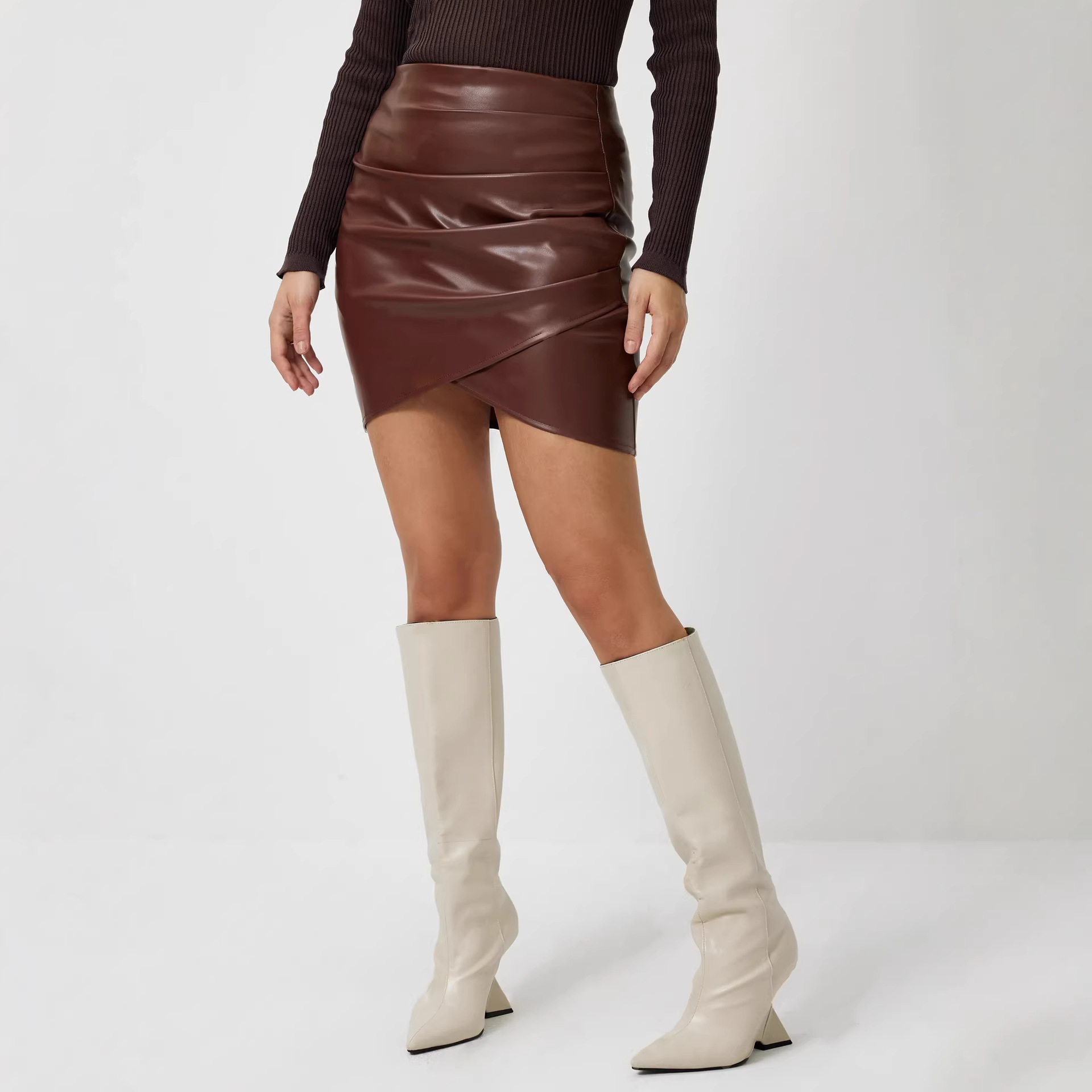 A Line PU Leather Dress Slim Fit Short Length Autumn Winter Style Ready to Ship Low MOQ bulk order
