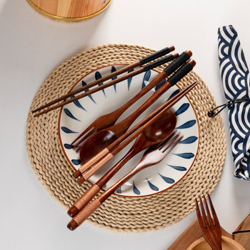 Japanese-Style Portable Boxed Cloth Bag Spoon Fork Chopsticks Tableware Student Lunch Chopsticks Spoon Fork Three-Piece Set Wooden Spoon