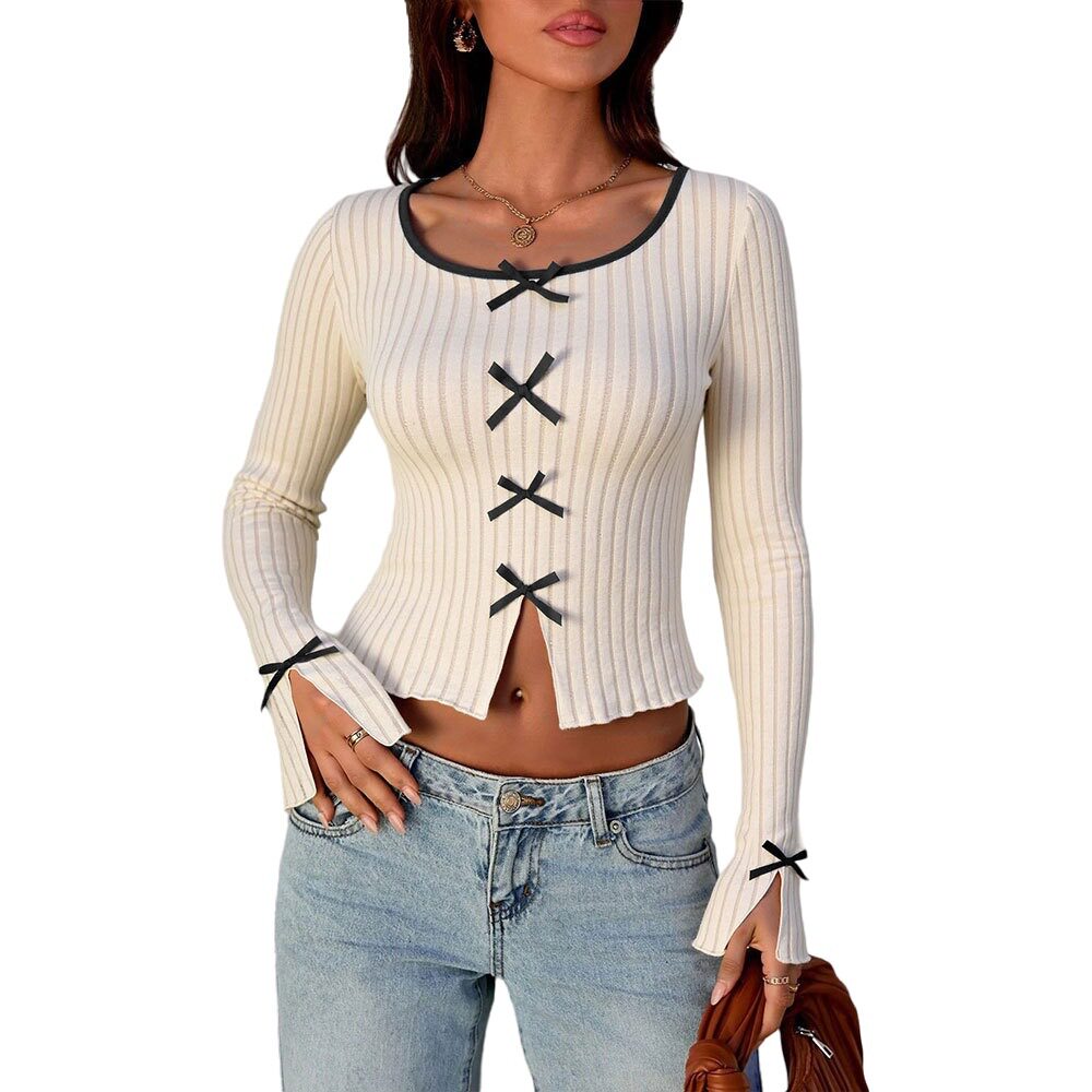 Knit Long Sleeve Top Cream Color Striped Design Bow Detail Elegant Layering for Spring and Summer Wholesale