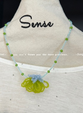 绿蓝色串珠花朵项链女小众设计森系度假米珠锁骨链文艺百搭项饰