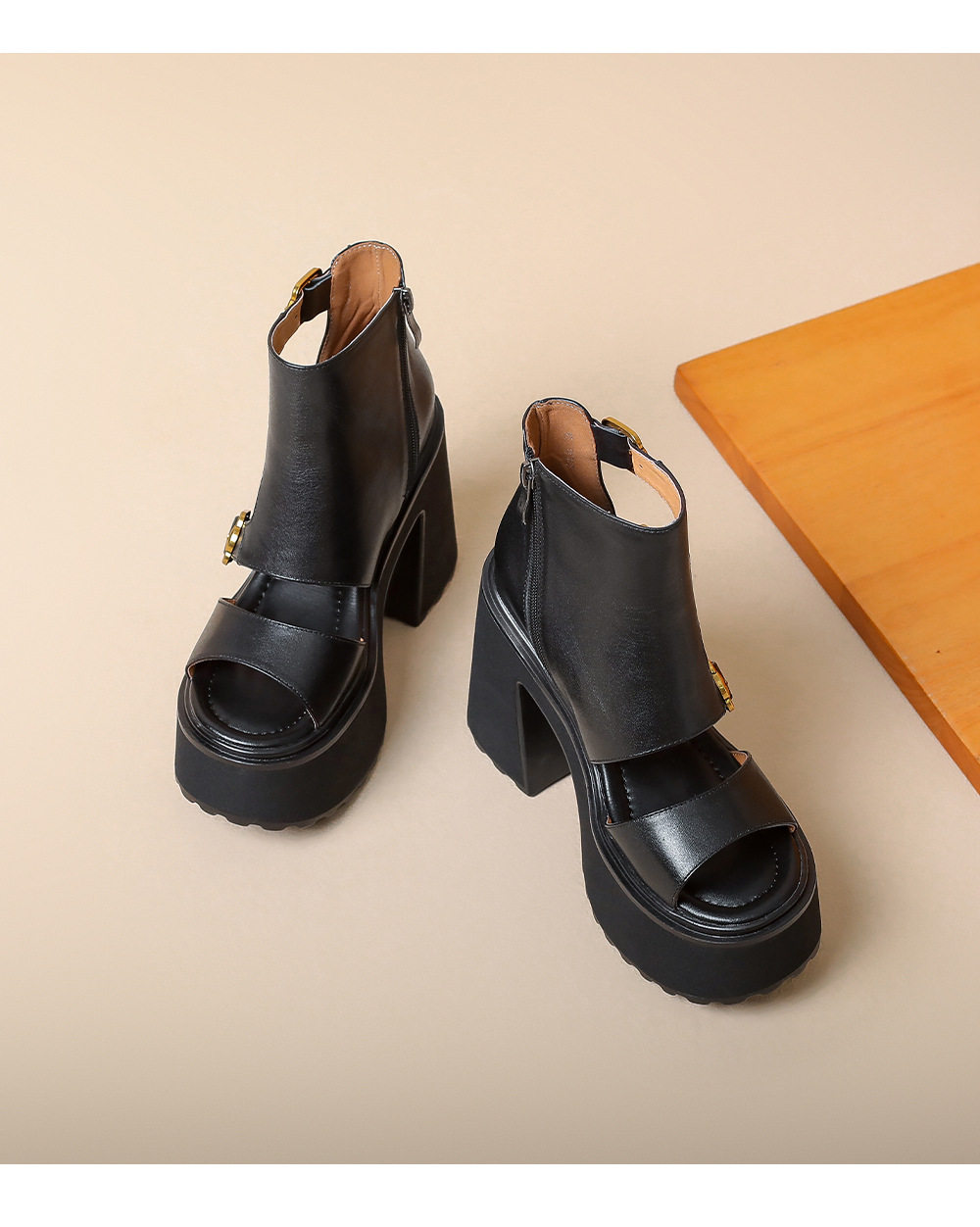Sandal cao gót nữ hở mũi đế xuồng 12 cm phong cách La Mã — [Nâu], [Đen] chi tiết 13