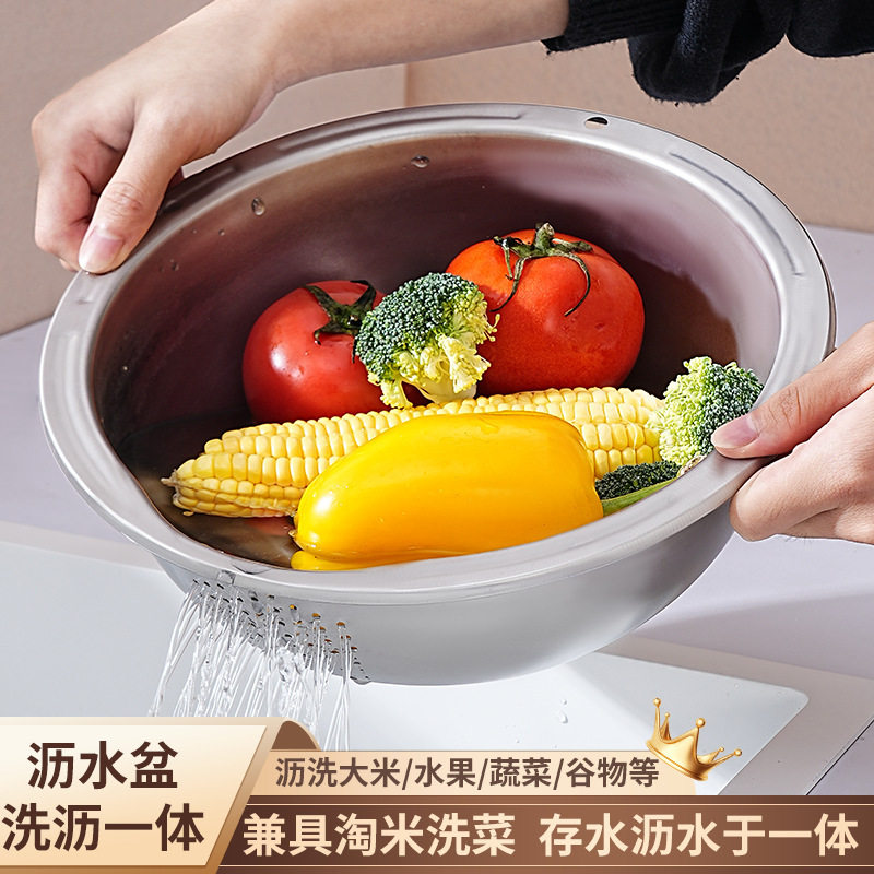 Stainless Steel Rice Washing Basin Leakage Basin Household Kitchen Vegetable Washing Blue Filter Water Basket Rice Sieve Washing Water Fruit and Vegetable Draining Basket