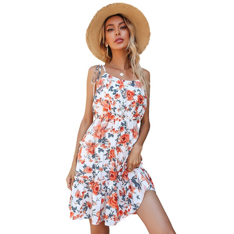 Floral Print Sundress with Bow Tie Fresh Beach Vacation Style Lightweight Sleeveless Summer Wear Wholesale Available