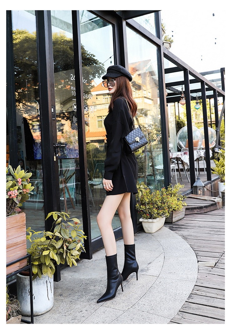 Boot nữ cổ thấp mũi nhọn gót nhọn cao 7.5cm phong cách thanh lịch — Màu đen lót một lớp, Màu đen lót nhung, Màu Kaki lót nhung, Màu Kaki một lớp lót trong