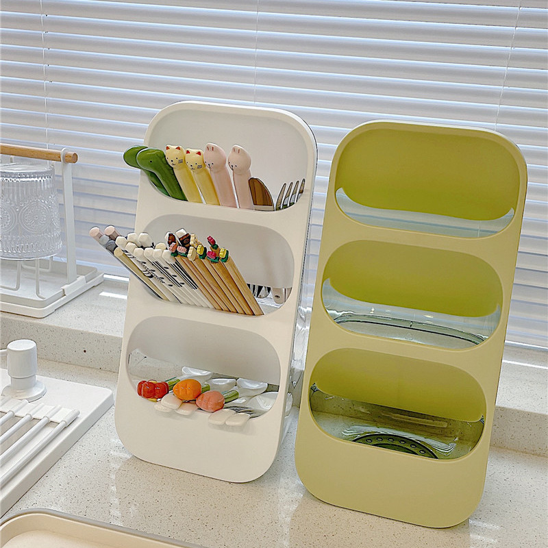 New Multifunctional Chopstick Cage Household Draining Three-Layer Oblique Chopstick Barrel Kitchen Spoon Chopstick Storage Rack