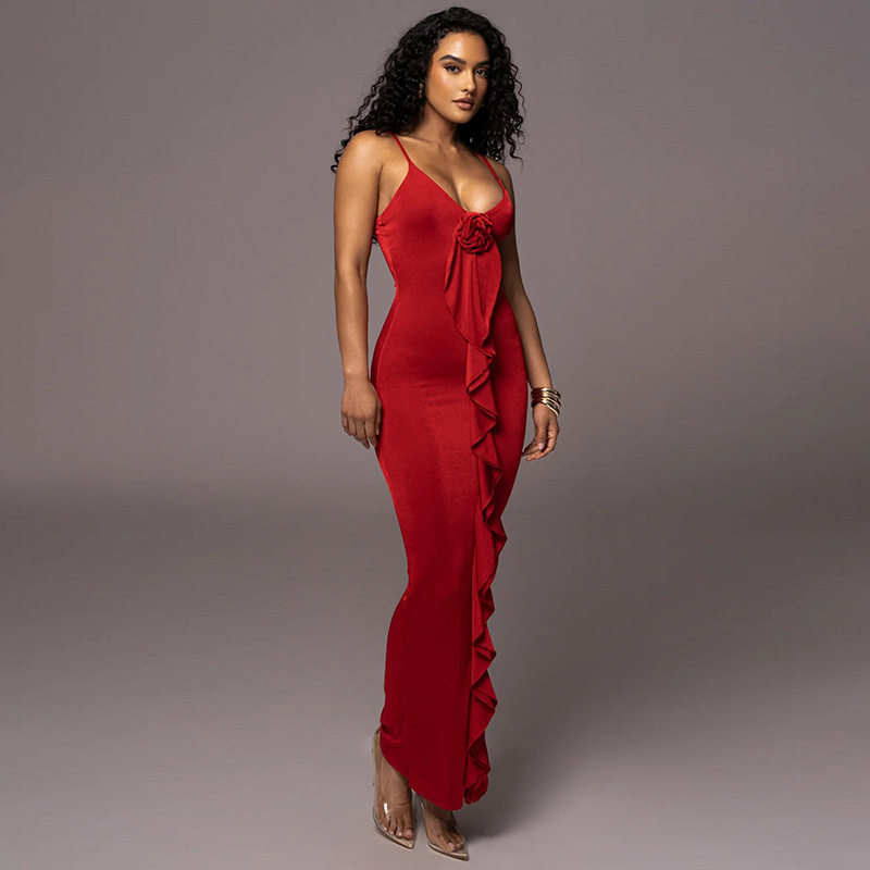 Fashionable Slim Fit Solid Color Ruffled Hem High Waist Maxi Dress for Women Elegant Sleeveless Design Perfect for